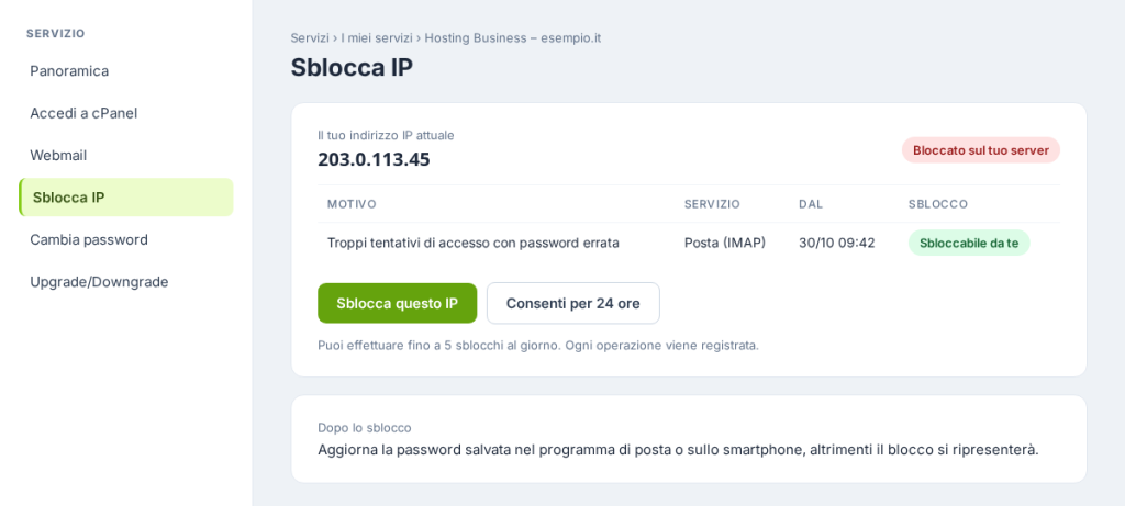 Esempio della pagina Sblocca IP per un hosting cPanel con IP bloccato per password errate