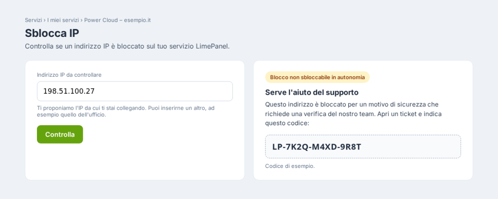 Esempio della pagina Sblocca IP di un servizio LimePanel con codice di supporto